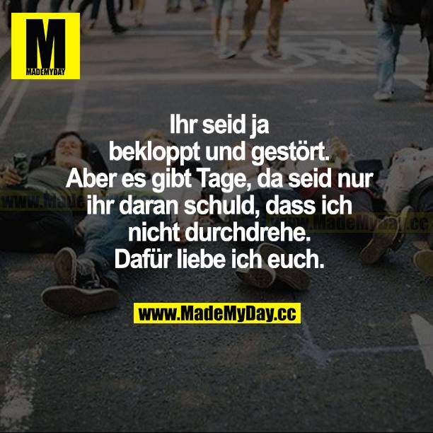 Ihr seid ja bekloppt und gestört. Aber es gibt Tage, da seid nur ihr daran schuld dass ich nicht durchdrehe. Dafür liebe ich euch.