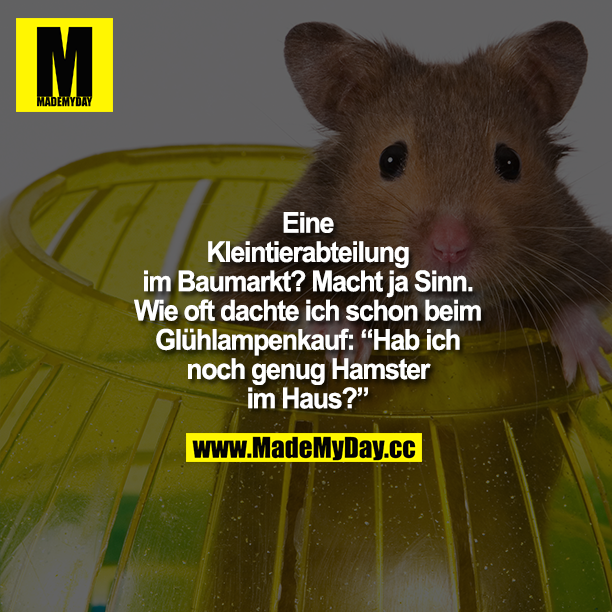 Eine Kleintierabteilung im Baumarkt? Macht ja Sinn. Wie oft dachte ich schon beim Glühlampenkauf: "Hab ich noch genug Hamster im Haus?"
