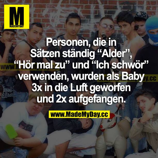 Personen, die in Sätzen ständig "Alder", "Hör mal zu" und "Ich schwör" verwenden, wurden als Baby 3x in die Luft geworfen und 2x aufgefangen.