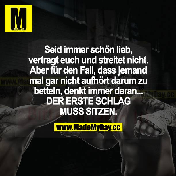 Seid immer schön lieb, vertragt euch und streitet nicht. Aber für den Fall, dass jemand mal gar nicht aufhört, darum zu betteln, denkt immer daran... DER ERSTE SCHLAG MUSS SITZEN.