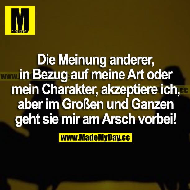 Die Meinung anderer, in Bezug auf meine Art oder mein Charakter, akzeptiere ich, aber im Großen und Ganzen geht sie mir am Arsch vorbei!