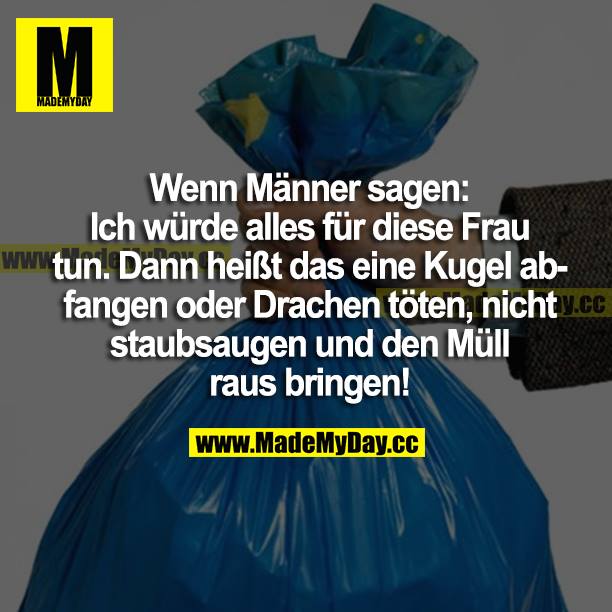 Wenn Männer sagen: Ich würde alles für diese Frau tun. Dann heißt das eine Kugel abfangen oder Drachen töten, nicht staubsaugen und den Müll raus bringen!
