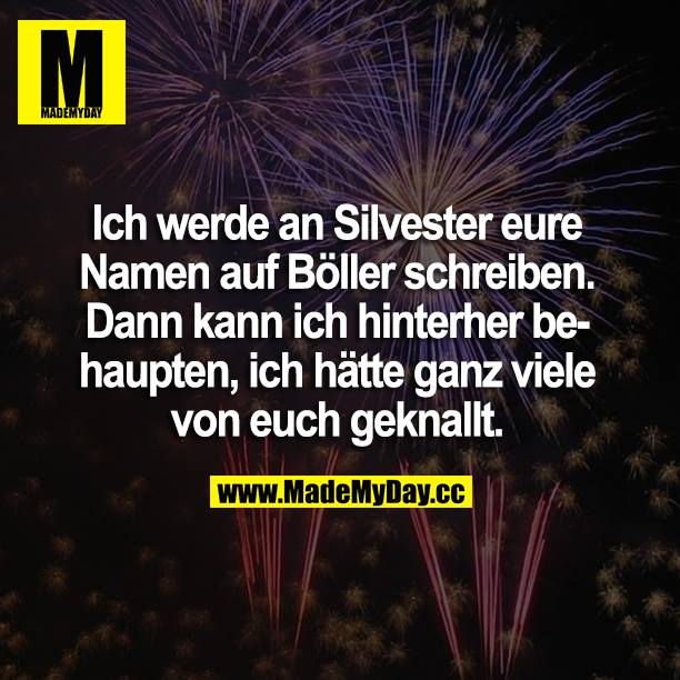 Ich werde an Silvester eure Namen auf Böller schreiben. Dann kann ich hinterher behaupten, ich hätte ganz viele von euch geknallt.
