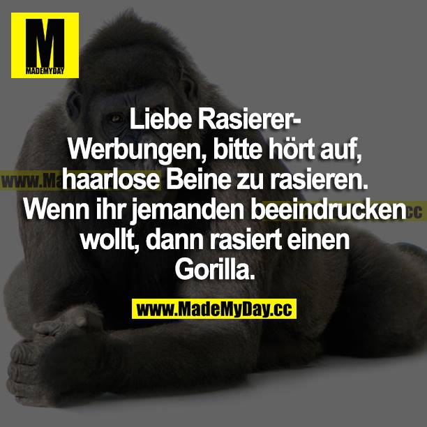 Liebe Rasierer-Werbungen, bitte hört auf, haarlose Beine zu rasieren. Wenn ihr jemanden beeindrucken wollt, dann rasiert einen Gorilla.