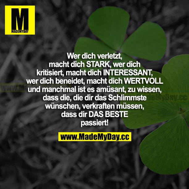 Wer dich verletzt, macht dich STARK, wer dich kritisiert, macht dich INTERESSANT, wer dich beneidet, macht dich WERTVOLL und manchmal ist es amüsant zu wissen, dass die, die dir das Schlimmste wünschen, verkraften müssen, dass dir DAS BESTE passiert!