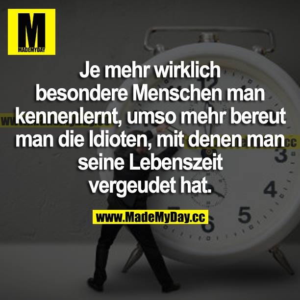 Je mehr wirklich besondere Menschen man kennenlernt, umso mehr bereut man die Idioten, mit denen man seine Lebenszeit vergeudet hat.