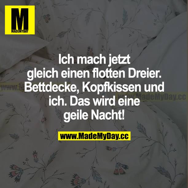 Ich mach jetzt gleich einen flotten Dreier. Bettdecke, Kopfkissen und ich. Das wir eine geile Nacht!
