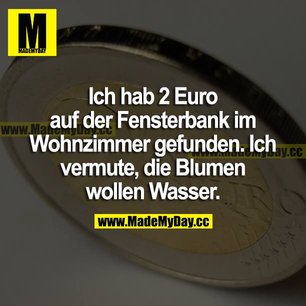 Ich hab 2 Euro auf der Fensterbank im Wohnzimmer gefunden. Ich vermute, die Blumen wollen Wasser.
