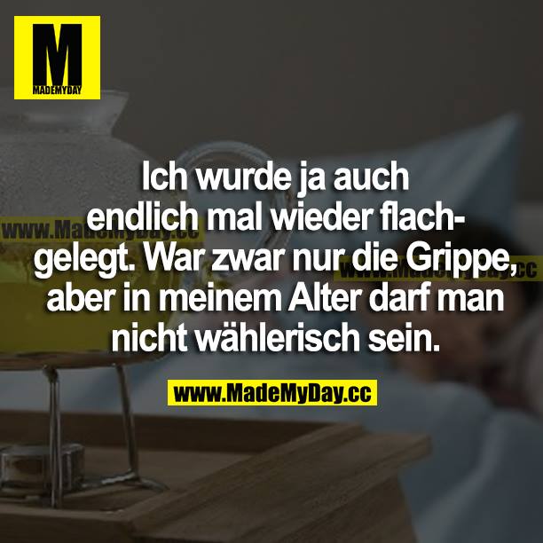 Ich wurde ja auch endlich mal wieder flachgelegt. War zwar nur die Grippe, aber in meinem Alter darf man nicht wählerisch sein.