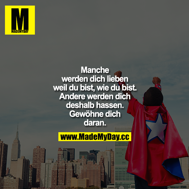Manche werden dich lieben weil du bist, wie du bist. Andere werden dich deshalb hassen. Gewöhne dich daran!