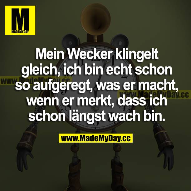 Mein Wecker klingelt gleich, ich bin echt schon aufgeregt, was er macht, wenn er merkt, dass ich schon längst wach bin.