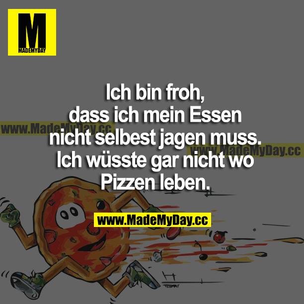 Ich bin froh, dass ich mein Essen nicht selbst jagen muss. Ich wüsste gar nicht, wo Pizzen leben.