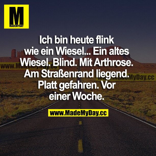 Ich bin heute flink wie ein Wiesel... Ein altes Wiesel. Blind. Mit Arthrose. Am Straßenrand liegend. Platt gefahren. Vor einer Woche.