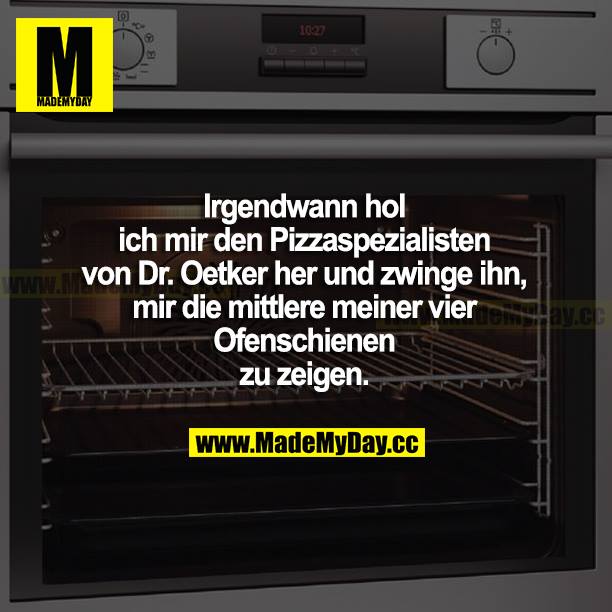 Irgendwann hol ich mir den Pizzaspezialisten von Dr. Oetker her und zwinge ihn, mir die mittlere meiner vier Ofenschienen zu zeigen.