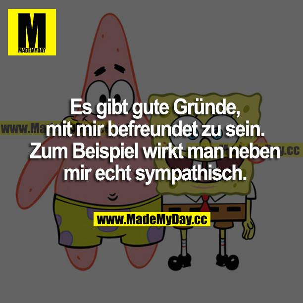 Es gibt gute Gründe mit mir befreundet zu sein. Zum Beispiel wirkt man neben mir echt sympathisch.