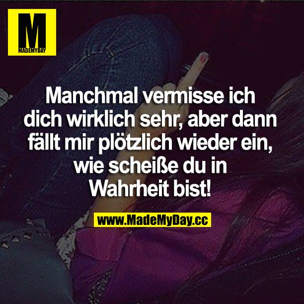 Manchmal vermisse ich dich wirklich sehr, aber dann fällt mir plötzlich wieder ein, wie scheiße du in Wahrheit bist!