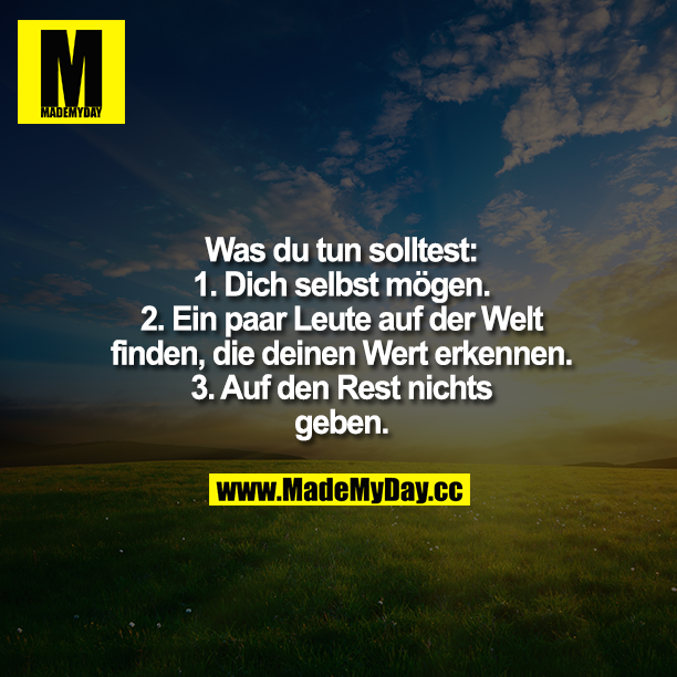 Was du tun solltest:<br />
1. Dich selbst mögen.<br />
2. Ein paar Leute auf der Welt finden, die deinen Wert erkennen.<br />
3. Auf den Rest nichts geben.