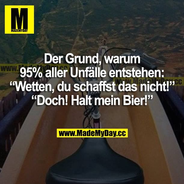 Der Grund, warum 95 % aller Unfälle entstehen: "Wetten, du schaffst das nicht!" "Doch! Halt mein Bier!"