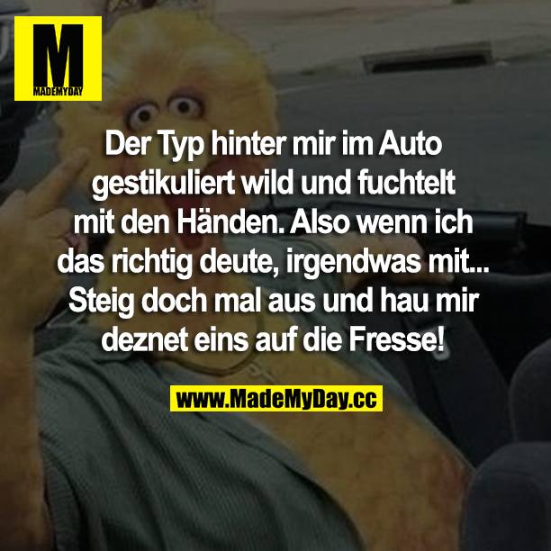 Der Typ hinter mir im Auto gestikuliert wild und fuchtelt mit den Händen. Also wenn ich das richtig deute, irgendwas mit... Steig doch mal aus und hau mir dezent eins auf die Fresse!