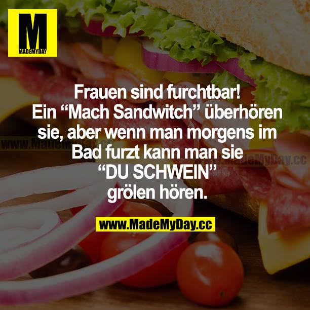 Frauen sind furchtbar! Ein "Mach Sandwich" überhören sie, aber wenn man morgens im Bad furzt, kann man sie "DU SCHWEIN" grölen hören.
