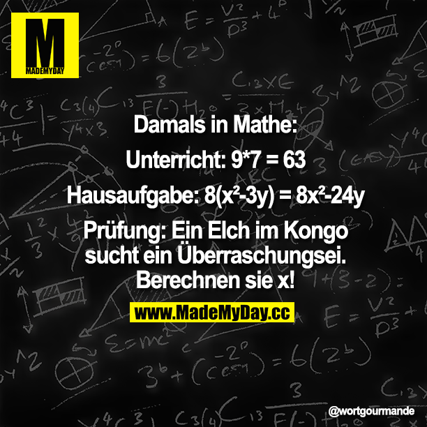 Damals in Mathe:<br />
Unterricht: 9*7=63<br />
Hausaufgabe: 8(x2-3y)=8x2--24y<br />
Prüfung: Ein Elch im Kongo sucht ein Überraschungsei. Berechnen sie x!