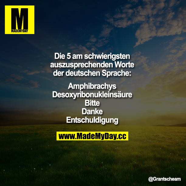 Die 5 am schwierigsten auszusprechenden Worte der deutschen Sprache:<br />
<br />
Amphibrachys<br />
Desoxyribonukleinsäure<br />
Bitte<br />
Danke<br />
Entschuldigung