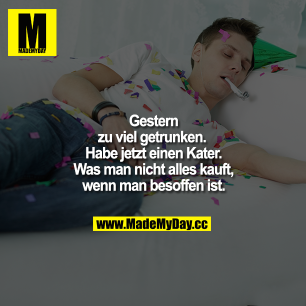 Gestern zu viel getrunken. Habe jetzt einen Kater. Was man nicht alles kauft, wenn man besoffen ist.