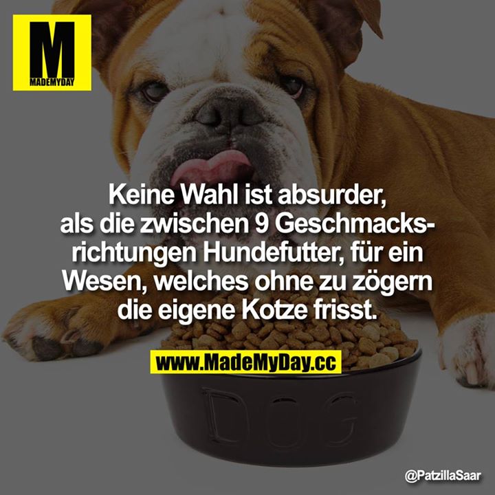 Keine Wahl ist absurder, als die zwischen 9 Geschmacksrichtungen Hundefutter, für ein Wesen, welches ohne zu zögern die eigene Kotze frisst.