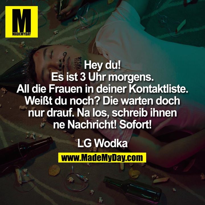 Hey du!<br />
"Es ist 3 Uhr morgens. All die Frauen in deiner Kontaktliste. Weißt du noch? Die warten doch nur drauf. Na los, schreib ihnen `ne Nachricht! Sofort!"<br />
<br />
LG Wodka