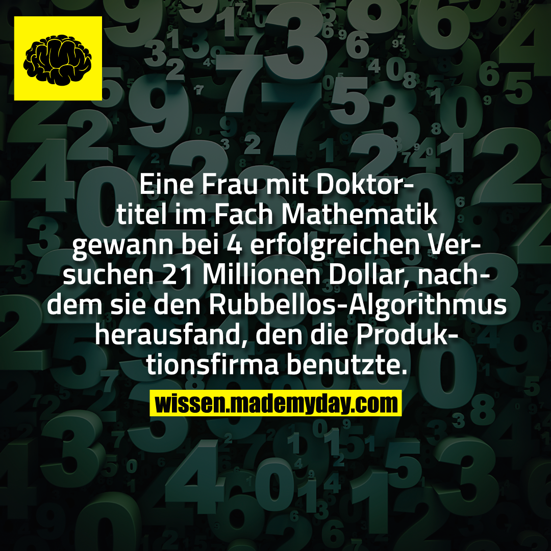 Eine Frau mit Doktortitel im Fach Mathematik gewann bei 4 erfolgreichen Versuchen 21 Millionen Dollar, nachdem sie den Rubbellos-Algorithmus herausfand, den die Produktionsfirma benutzte.