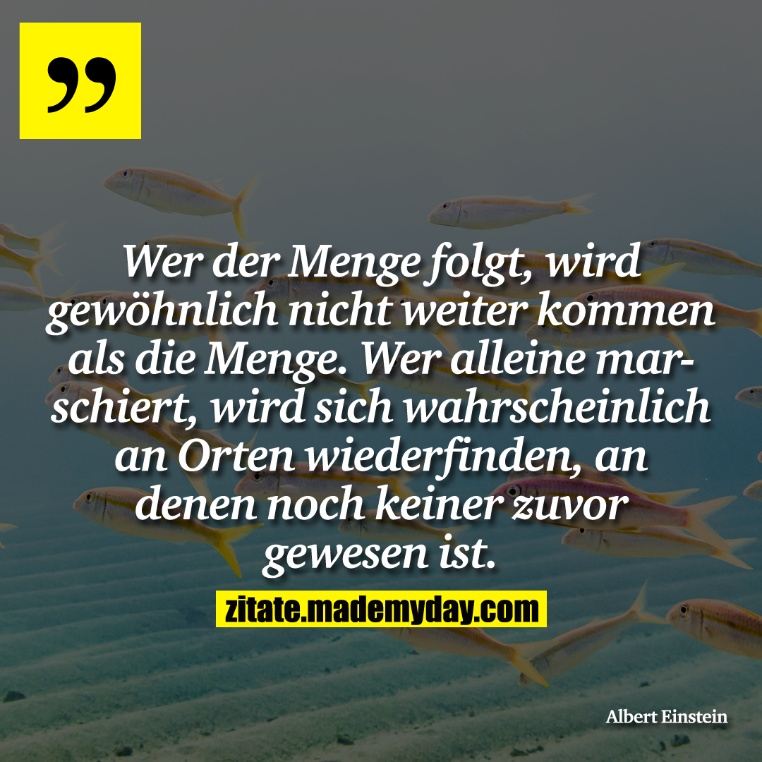 Wer der Menge folgt, wird gewöhnlich nicht weiter kommen als die Menge. Wer alleine marschiert, wird sich wahrscheinlich an Orten wiederfinden, an denen noch keiner zuvor gewesen ist.