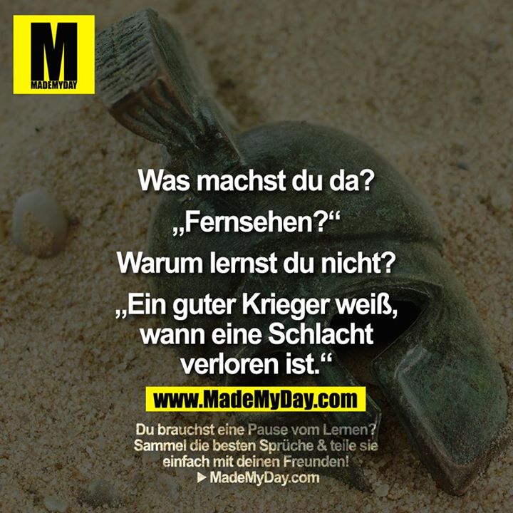 Was machst du da?<br />
<br />
"Fernsehen?"<br />
<br />
Warum lernst du nicht?<br />
<br />
"Ein guter Krieger weiß, wann eine Schlacht verloren ist."