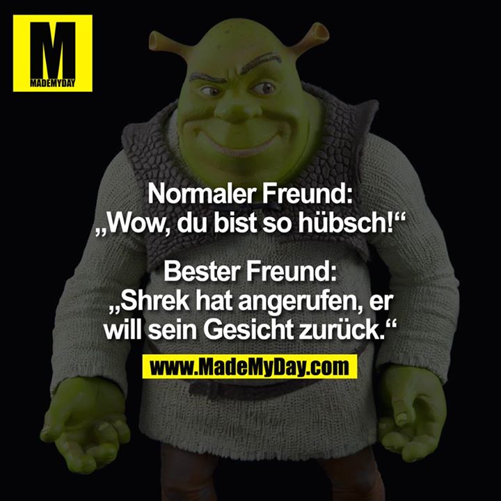 Normaler Freund:<br />
"Wow, du bist so hübsch!"<br />
<br />
Bester Freund:<br />
"Shrek hat angerufen, er will sein Gesicht zurück."