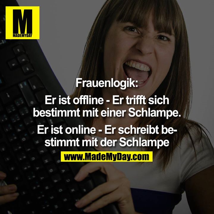 Frauenlogik:<br />
<br />
Er ist offline - Er trifft sich bestimmt mit einer Schlampe.<br />
<br />
Er ist online - Er schreibt bestimmt mit seinen Schlampe.