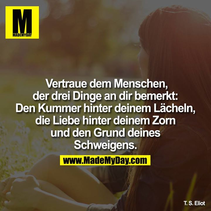  Vertraue dem Menschen, der drei Dinge an dir bemerkt: Den Kummer hinter deinem Lächeln, die Liebe hinter deinem Zorn und den Grund deines Schweigens.