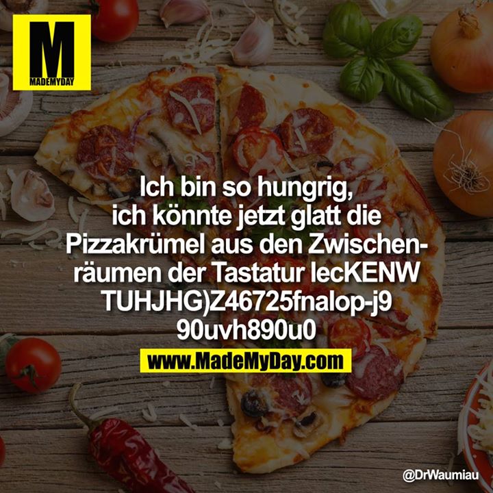 Ich bin so hungrig, ich könnte jetzt glatt die Pizzakrümel aus den Zwischenräumen der Tastatur lecKENWTUH- JHG)Z46725fnalop-j9u90uvh890u0