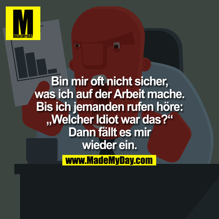 Bin mir oft nicht sicher, was ich auf der Arbeit mache. Bis ich jemanden rufen höre: "Welcher Idiot war das?" Dann fällt es mir wieder ein.