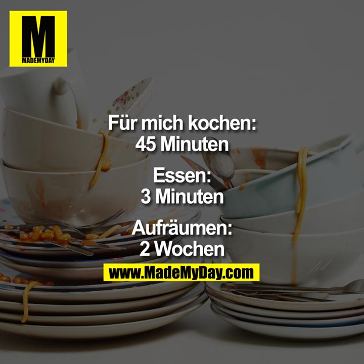 Für mich kochen:<br />
45 Minuten<br />
Essen:<br />
3 Minuten<br />
Aufräumen:<br />
2 Wochen