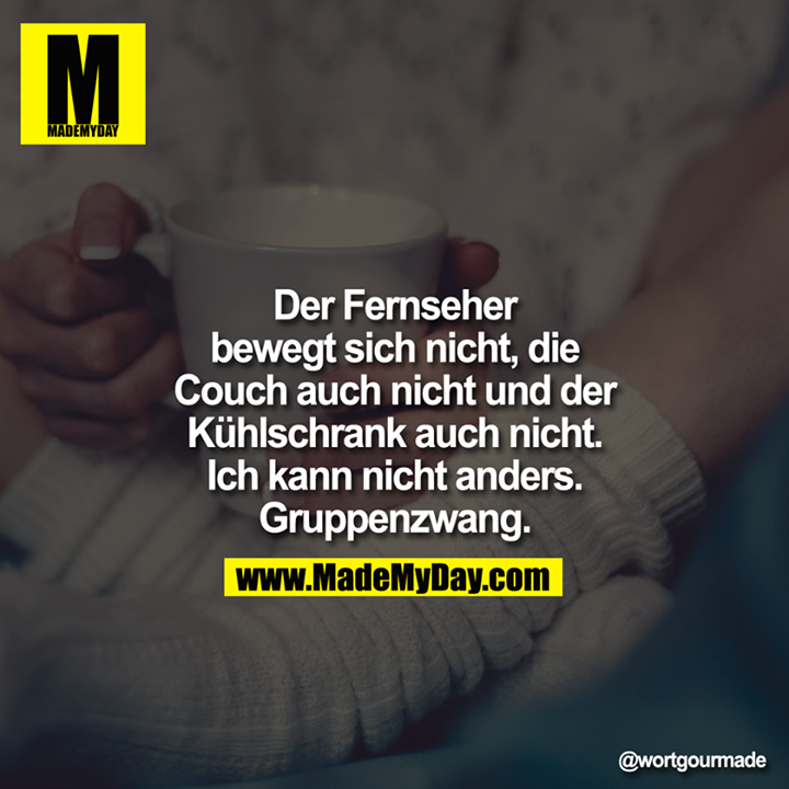 Der Fernseher bewegt sich nicht, die Couch auch nicht und der Kühlschrank auch nicht.<br />
Ich kann nicht anders.<br />
Gruppenzwang.