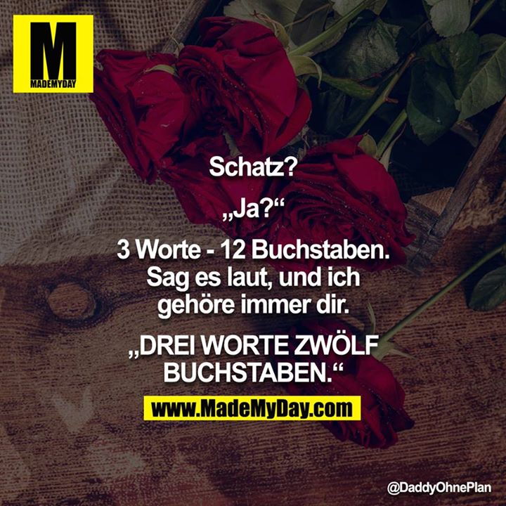 Schatz?<br />
<br />
"Ja?"<br />
<br />
3 Worte - 12 Buchstaben. Sag es laut, und ich gehöre immer dir.<br />
<br />
"DREI WORTE ZWÖLF BUCHSTABEN."