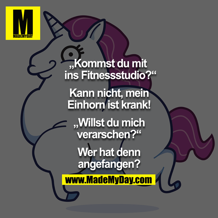 "Kommst du mit ins Fitnessstudio?"- "Kann nicht, mein Einhorn ist krank!" - "Willst du mich verarschen?" - "Wer hat denn angefangen?" 