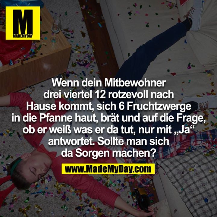 Wenn dein Mitbewohner um dreiviertel 12 rotzevoll nach Hause kommt, sich 6 Fruchtzwerge in die Pfanne haut, brät und auf die Frage, ob er weiß was er da tut, nur mit "Ja" antwortet. <br />
Sollte man sich da Sorgen machen?<br />
