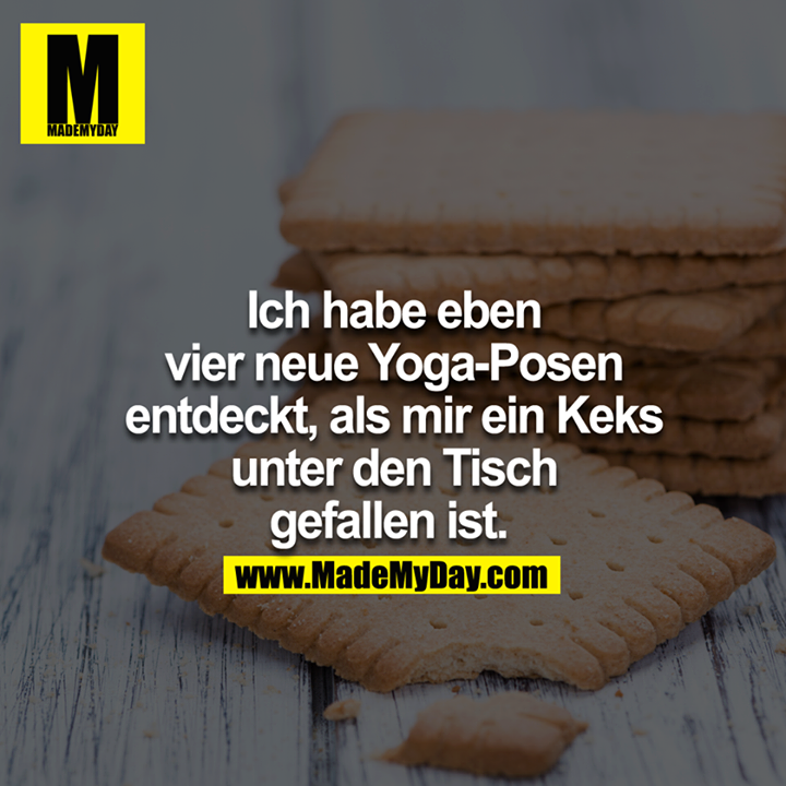 Ich habe eben vier neue Yoga-Posen entdeckt, als mir ein Schokokeks unter den Tisch gefallen ist. 