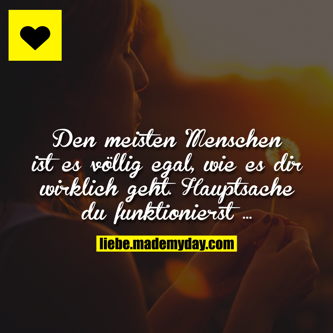 Den meisten Menschen ist es völlig egal, wie es dir wirklich geht.<br />
Hauptsache du funktionierst ...