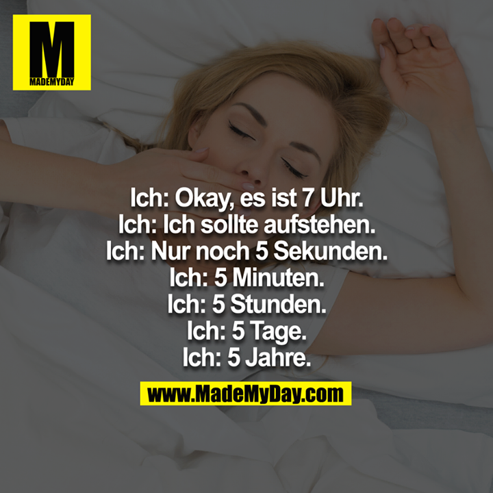 Ich: Okay, es ist 7 Uhr<br />
Ich: Ich sollte aufstehen<br />
Ich: Nur noch 5 Sekunden<br />
Ich: 5 Minuten<br />
Ich: 5 Stunden<br />
Ich: 5 Tage<br />
Ich: 5 Jahre