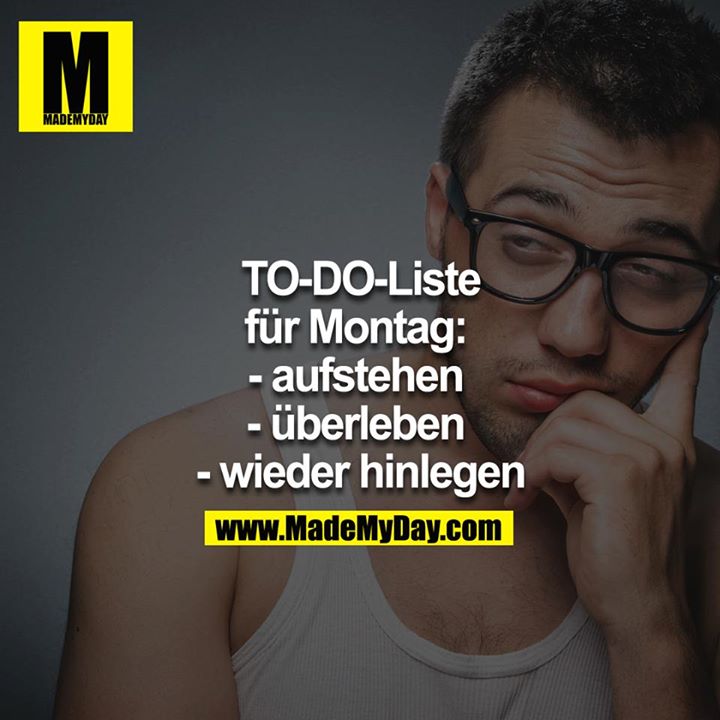 TO-DO-Liste für den Montag: <br />
- aufstehen <br />
- überleben <br />
- wieder hinlegen