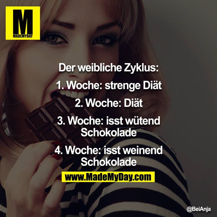 Der weibliche Zyklus:<br />
1. Woche: strenge Diät<br />
2. Woche: Diät<br />
3. Woche: isst wütend Schokolade<br />
4. Woche: isst weinend Schokolade