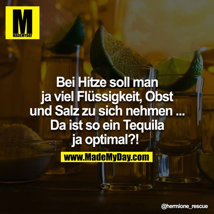 Bei Hitze soll man ja viel Flüssigkeit, Obst und Salz zu sich nehmen.... Da ist so ein Tequila ja optimal?! <br />
