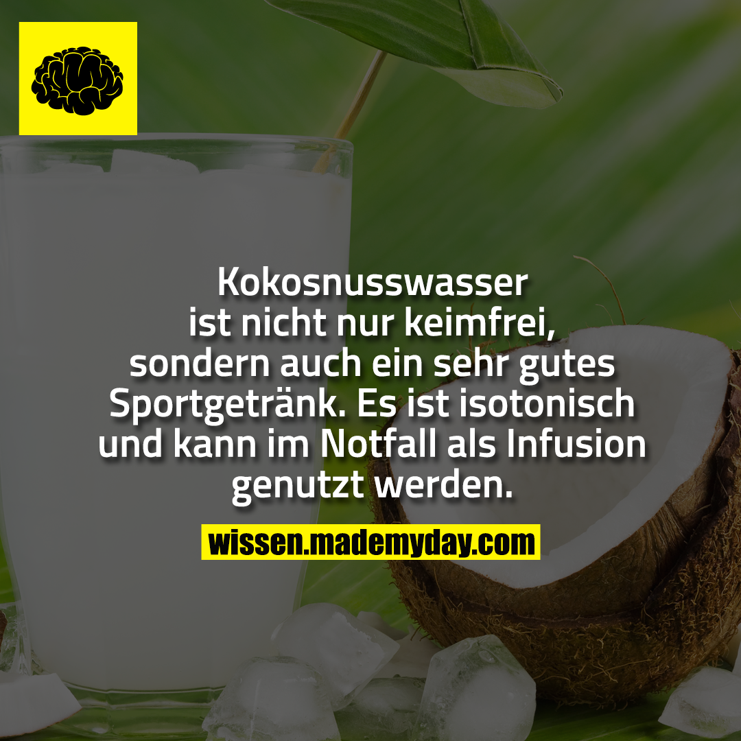 Kokosnusswasser ist nicht nur keimfrei, sondern auch ein sehr gutes Sportgetränk. Es ist isotonisch und kann im Notfall als Infusion genutzt werden.