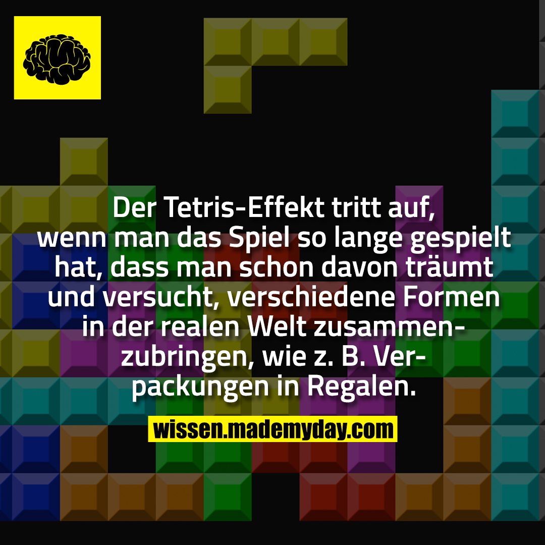 Der Tetris-Effekt tritt auf, wenn man das Spiel so lange gespielt hat, dass man schon davon träumt und versucht, verschiedene Formen in der realen Welt zusammenzubringen, wie z. B. Verpackungen in Regalen.